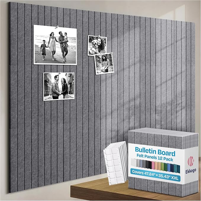 X-Large Cork Board Alternative 12-Pack Felt Bulletin Board Thick and Decorative Pin Board for Home Office Walls 47.24 x 35.43 Inches with 72 Adhesive Tabs - [Pebble Gray]