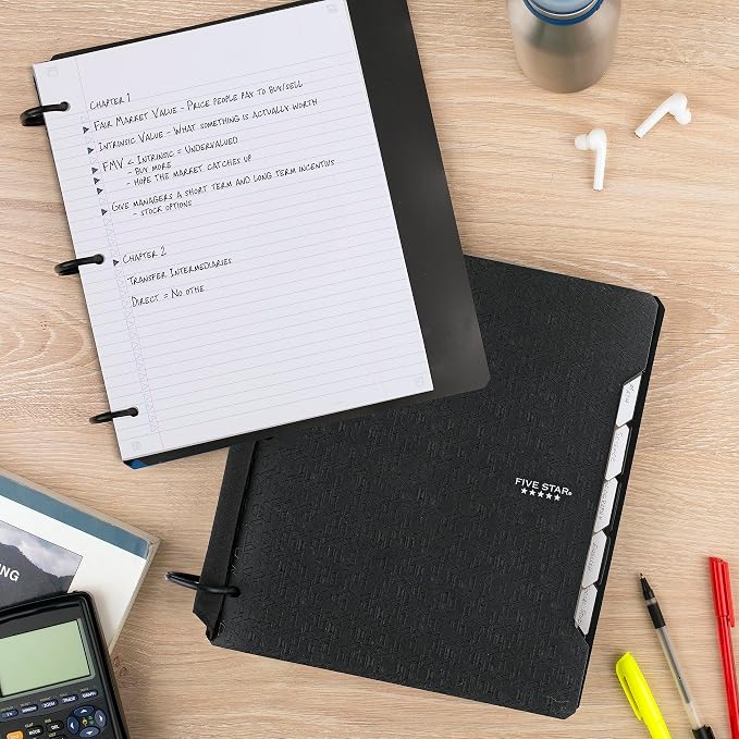 Five Star Flex Refillable Notebook + Study App,College Ruled Paper and 1-1/2 Inch TechLock Ring Binder with Pockets,Tabs and Dividers,300 Sheet Capacity,Black (29324AA2),(Pack of 6)