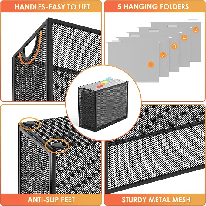 Sinboun Hanging File Organizer Includes 5 Hanging Folders for Office, Black