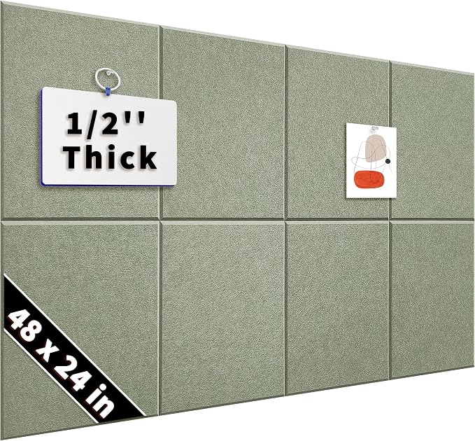 1/2'' Thick Felt Bulletin Cork Board Tiles for Walls Self Adhesive | Frameless Corkboard Alternative, 1700g/m² Dense Felt Board Squares, Renter Friendly, Removable, Sage, 8 Pack 12x12 in